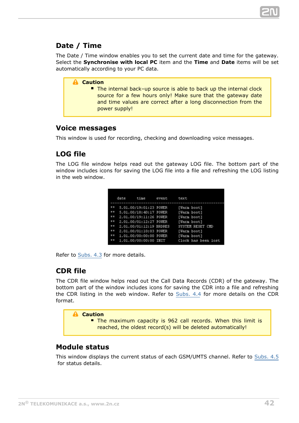 Date / time, Voice messages, Log file | Cdr file, Module status | 2N VoiceBlue Next v3.3 User Manual | Page 42 / 108