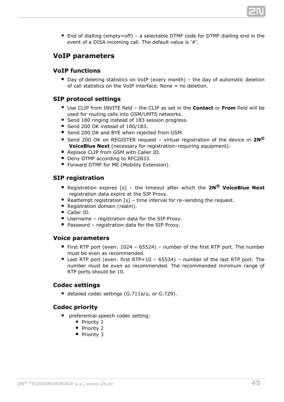 Voip parameters | 2N VoiceBlue Next v3.3 User Manual | Page 45 / 108