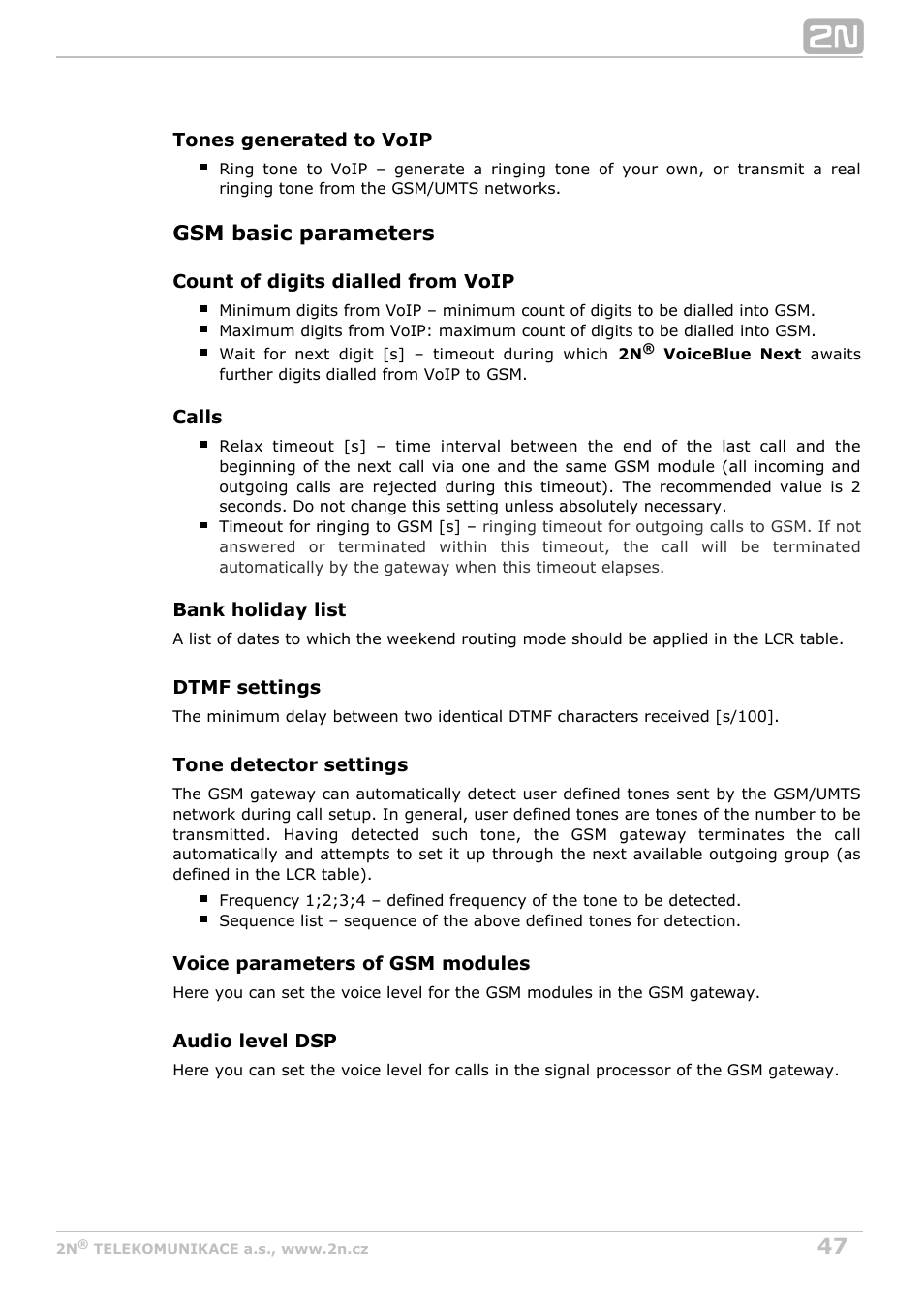 Gsm basic parameters | 2N VoiceBlue Next v3.3 User Manual | Page 47 / 108