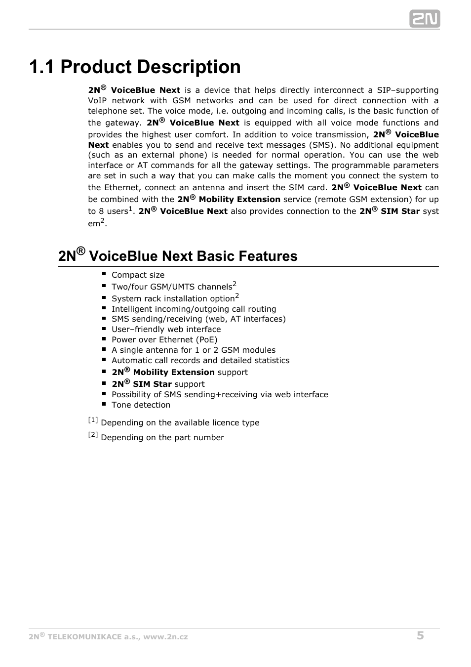 1 product description, 2n voiceblue next basic features | 2N VoiceBlue Next v3.3 User Manual | Page 5 / 108