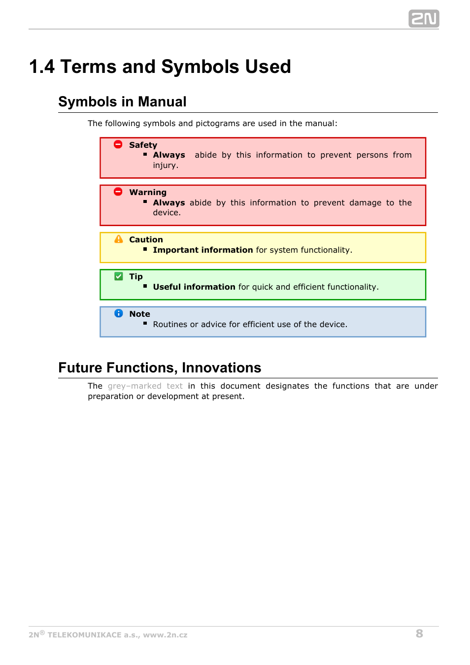 4 terms and symbols used, Symbols in manual, Future functions, innovations | 2N VoiceBlue Next v3.3 User Manual | Page 8 / 108