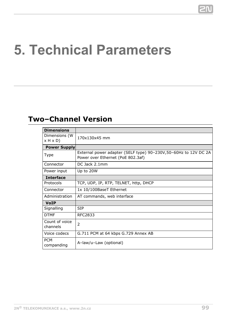 Technical parameters, Two–channel version | 2N VoiceBlue Next v3.3 User Manual | Page 99 / 108