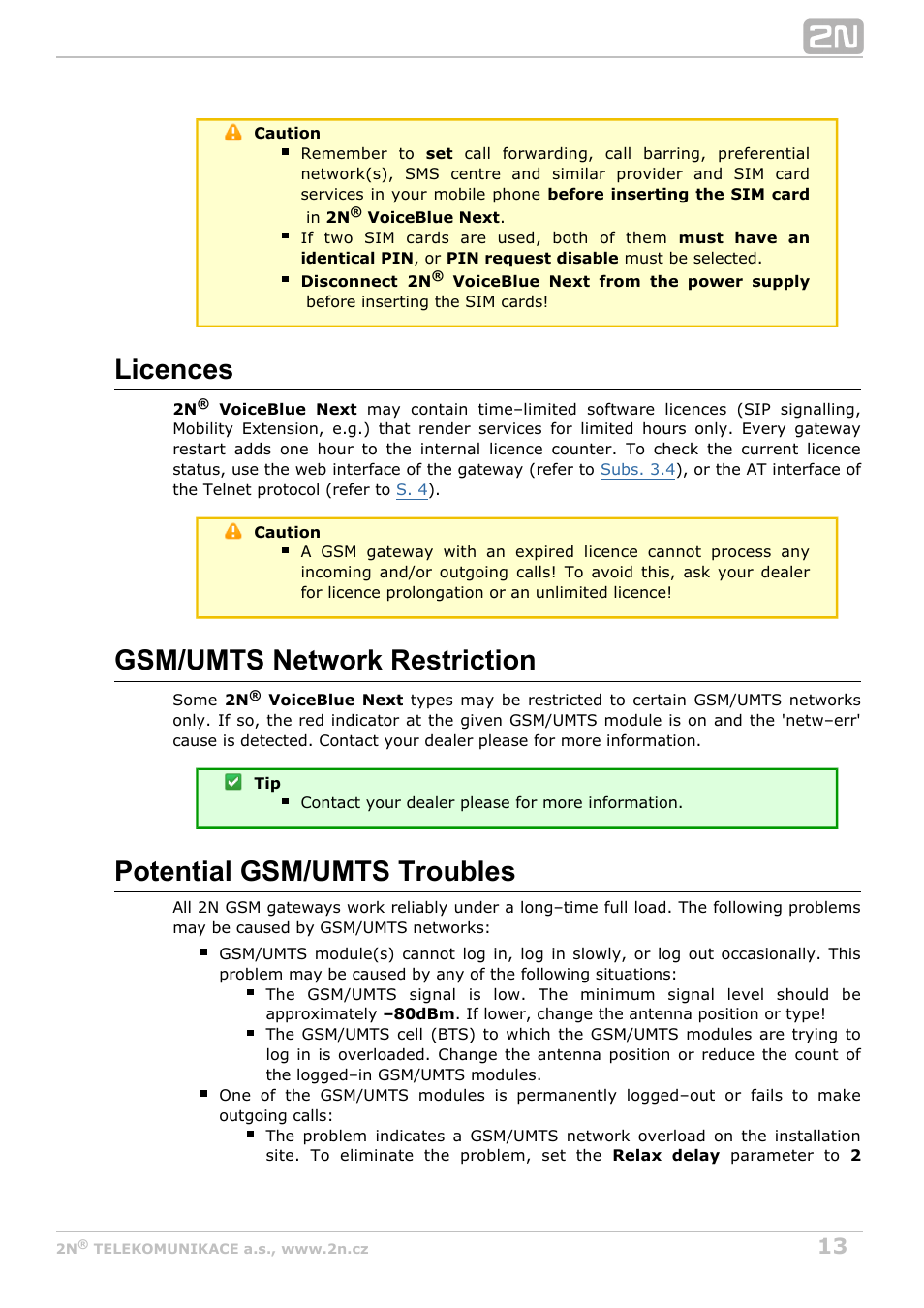 Licences, Gsm/umts network restriction, Potential gsm/umts troubles | 2N VoiceBlue Next v3.2 User Manual | Page 13 / 108