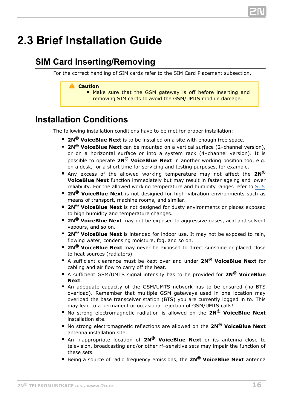 3 brief installation guide, Sim card inserting/removing, Installation conditions | 2N VoiceBlue Next v3.2 User Manual | Page 16 / 108