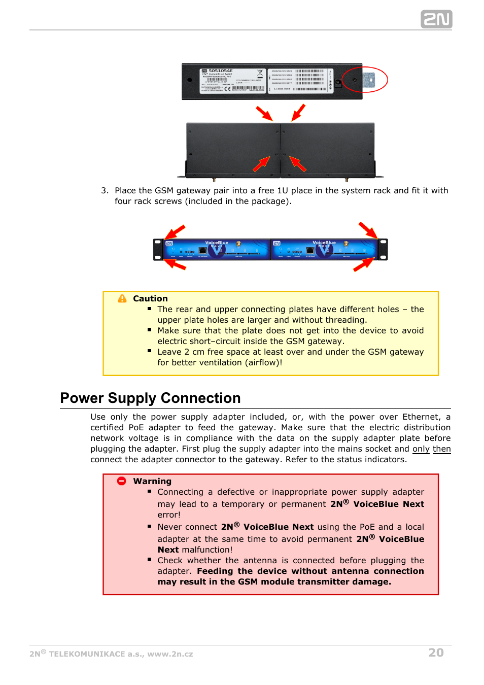 Power supply connection | 2N VoiceBlue Next v3.2 User Manual | Page 20 / 108