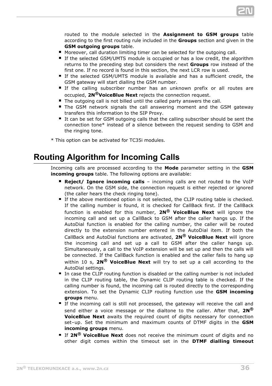 Routing algorithm for incoming calls | 2N VoiceBlue Next v3.2 User Manual | Page 36 / 108