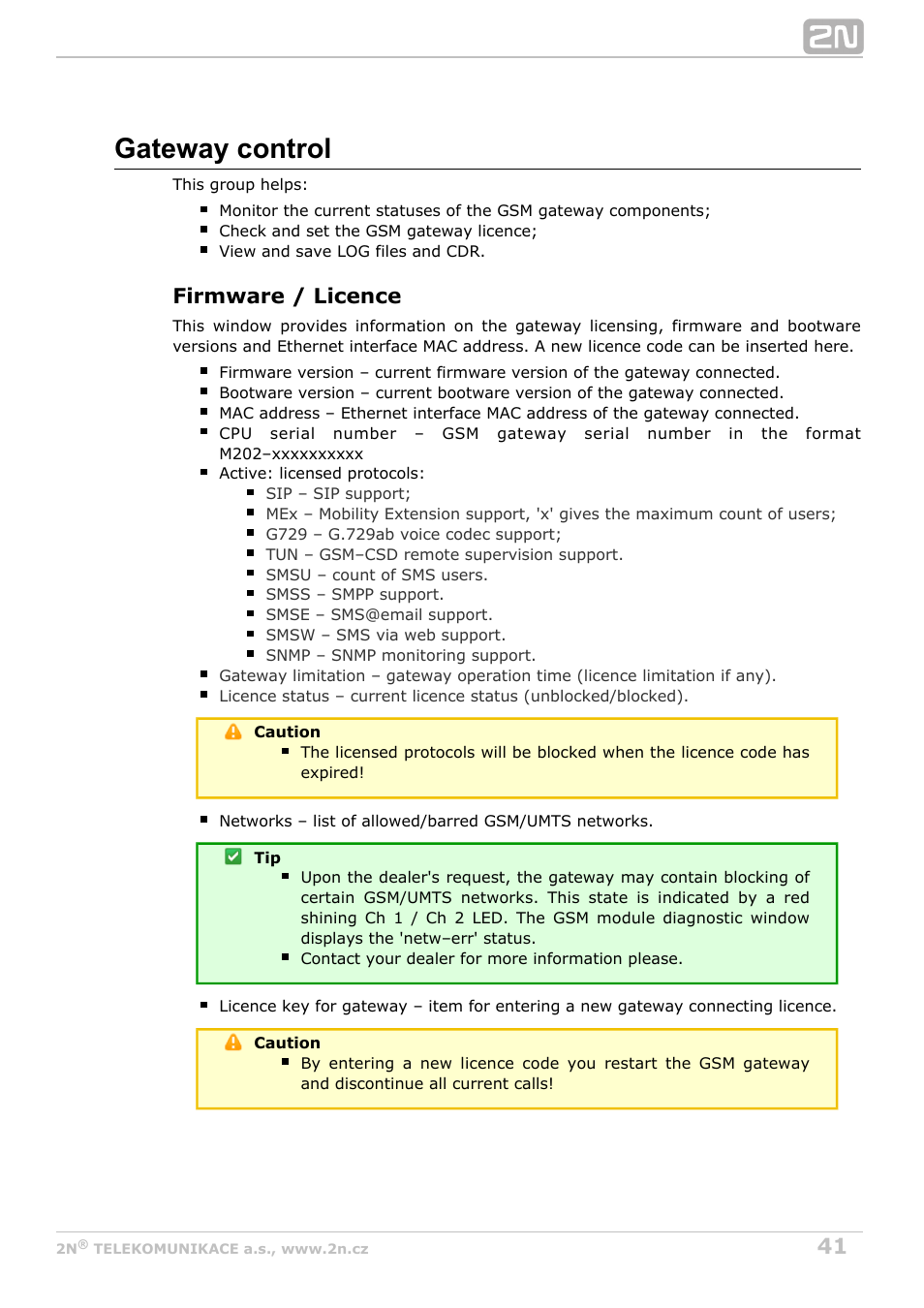 Gateway control, Enter all me users in the, Menu | Gateway configuration - mobility extension, Gateway configuration - prefixe, Firmware / licence | 2N VoiceBlue Next v3.2 User Manual | Page 41 / 108