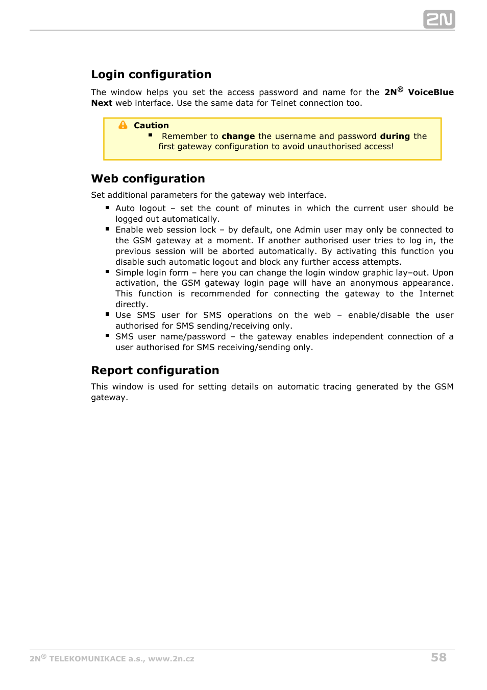 Login configuration, Web configuration, Report configuration | 2N VoiceBlue Next v3.2 User Manual | Page 58 / 108