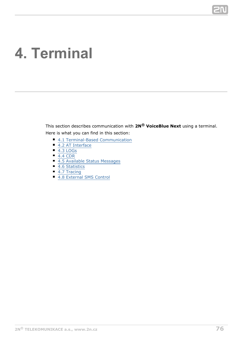 Terminal, The telnet protocol (refer to, S. 4 | 2N VoiceBlue Next v3.2 User Manual | Page 76 / 108