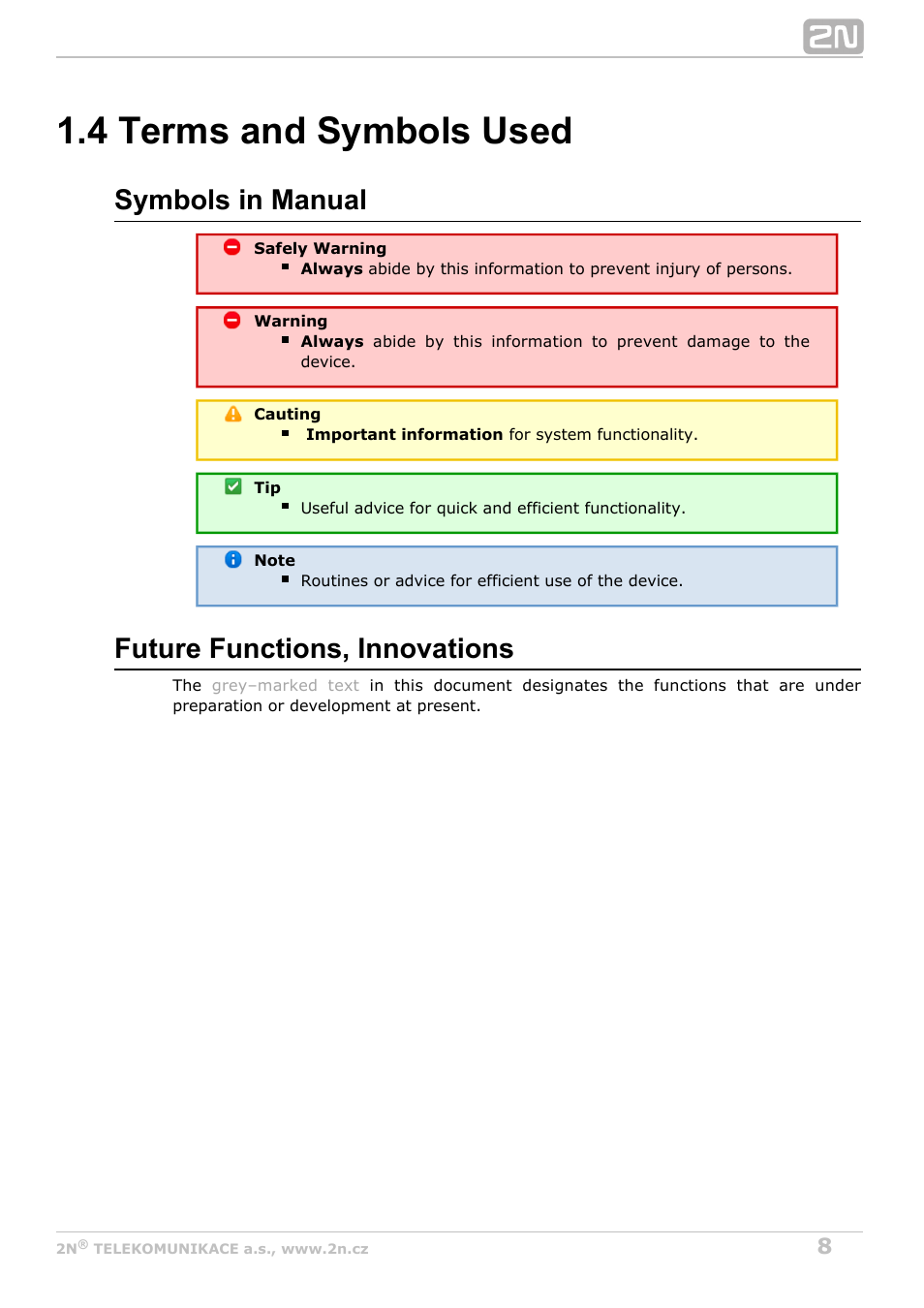 4 terms and symbols used, Symbols in manual, Future functions, innovations | 2N VoiceBlue Next v3.2 User Manual | Page 8 / 108