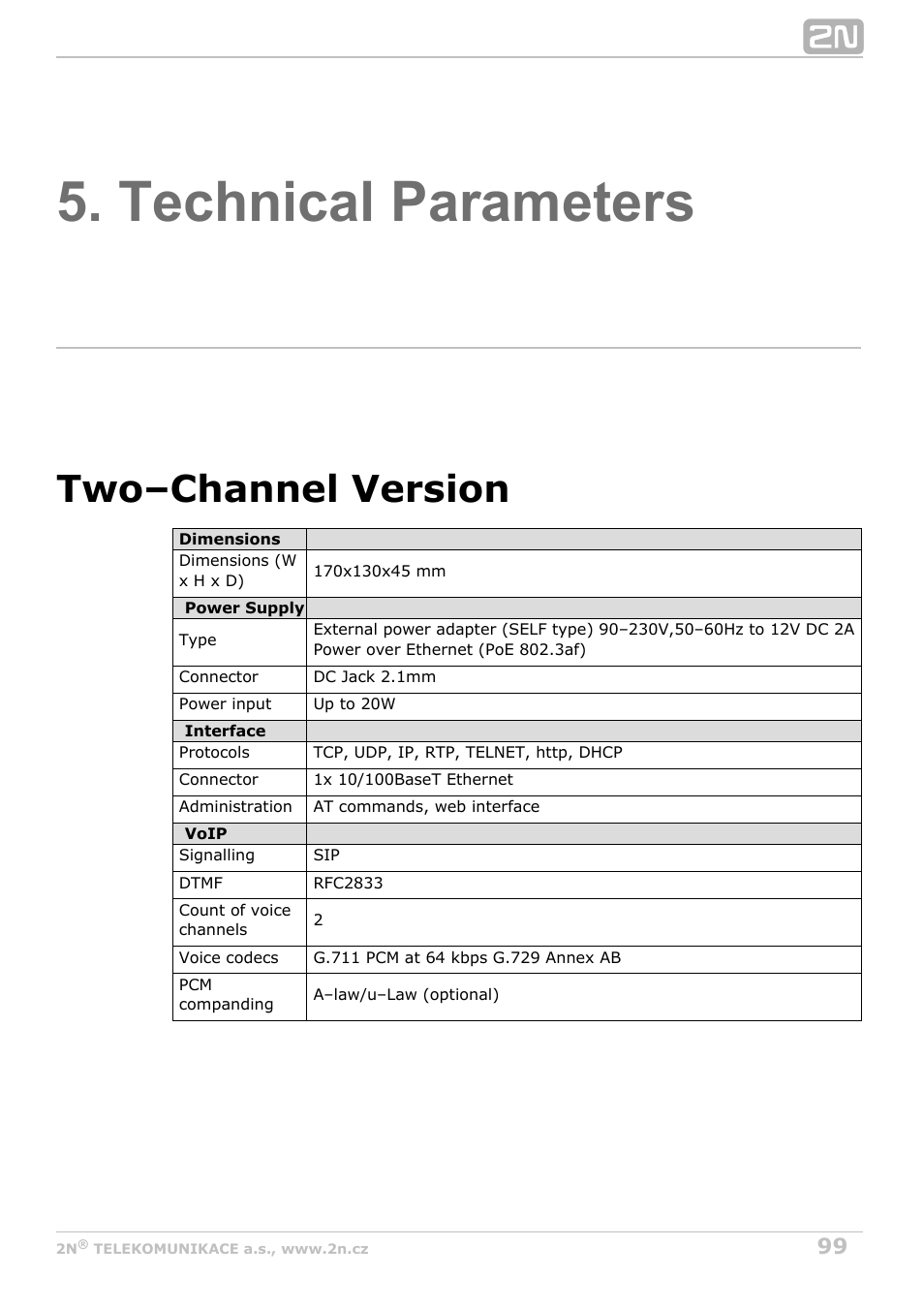 Technical parameters, Two–channel version | 2N VoiceBlue Next v3.2 User Manual | Page 99 / 108