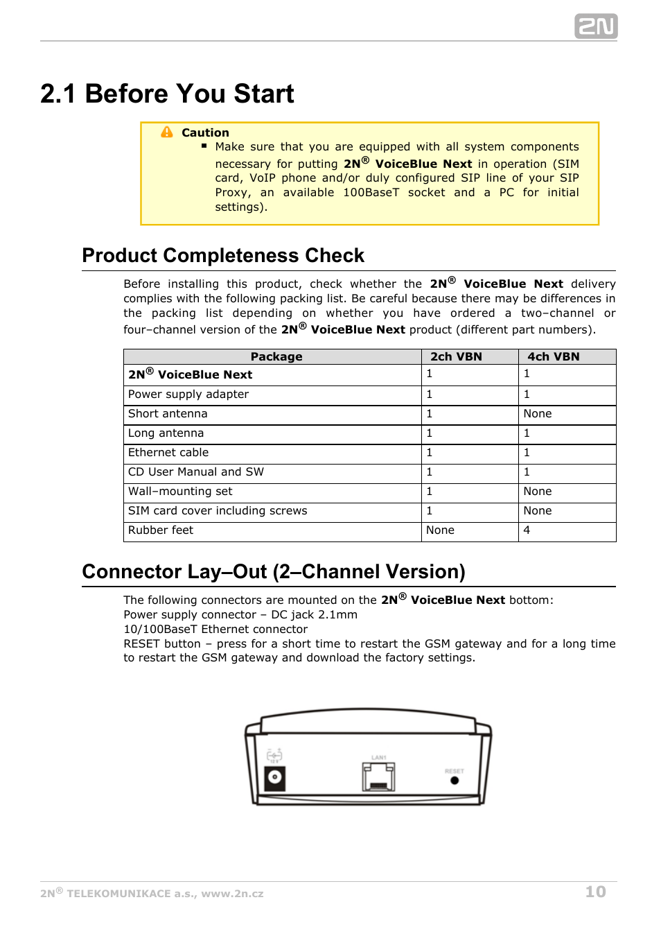 1 before you start, Product completeness check, Connector lay–out (2–channel version) | 2N VoiceBlue Next v3.1 User Manual | Page 10 / 92