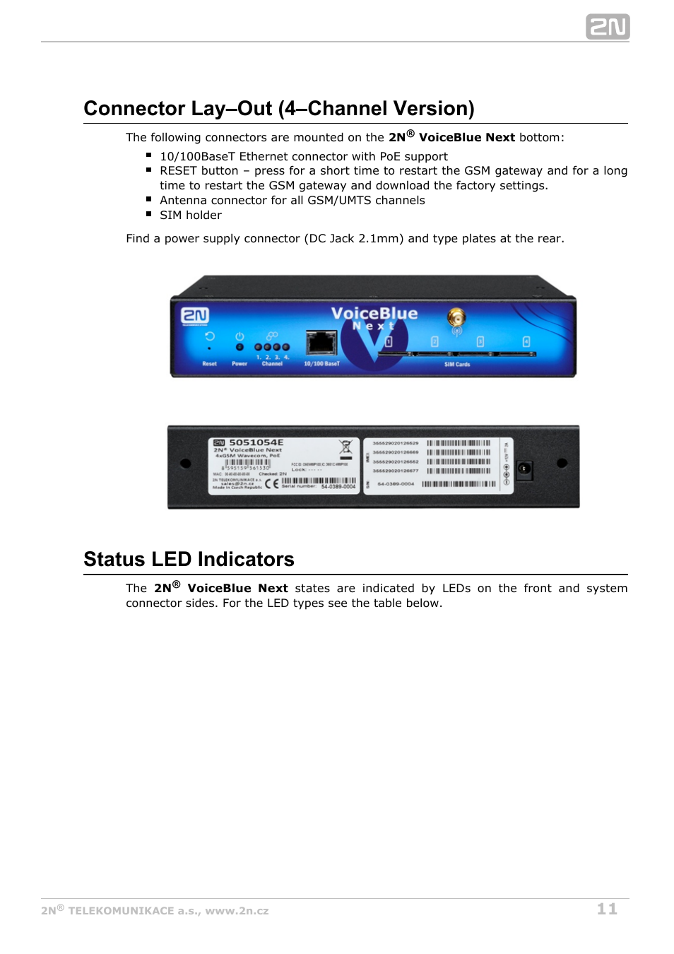 Connector lay–out (4–channel version), Status led indicators | 2N VoiceBlue Next v3.1 User Manual | Page 11 / 92