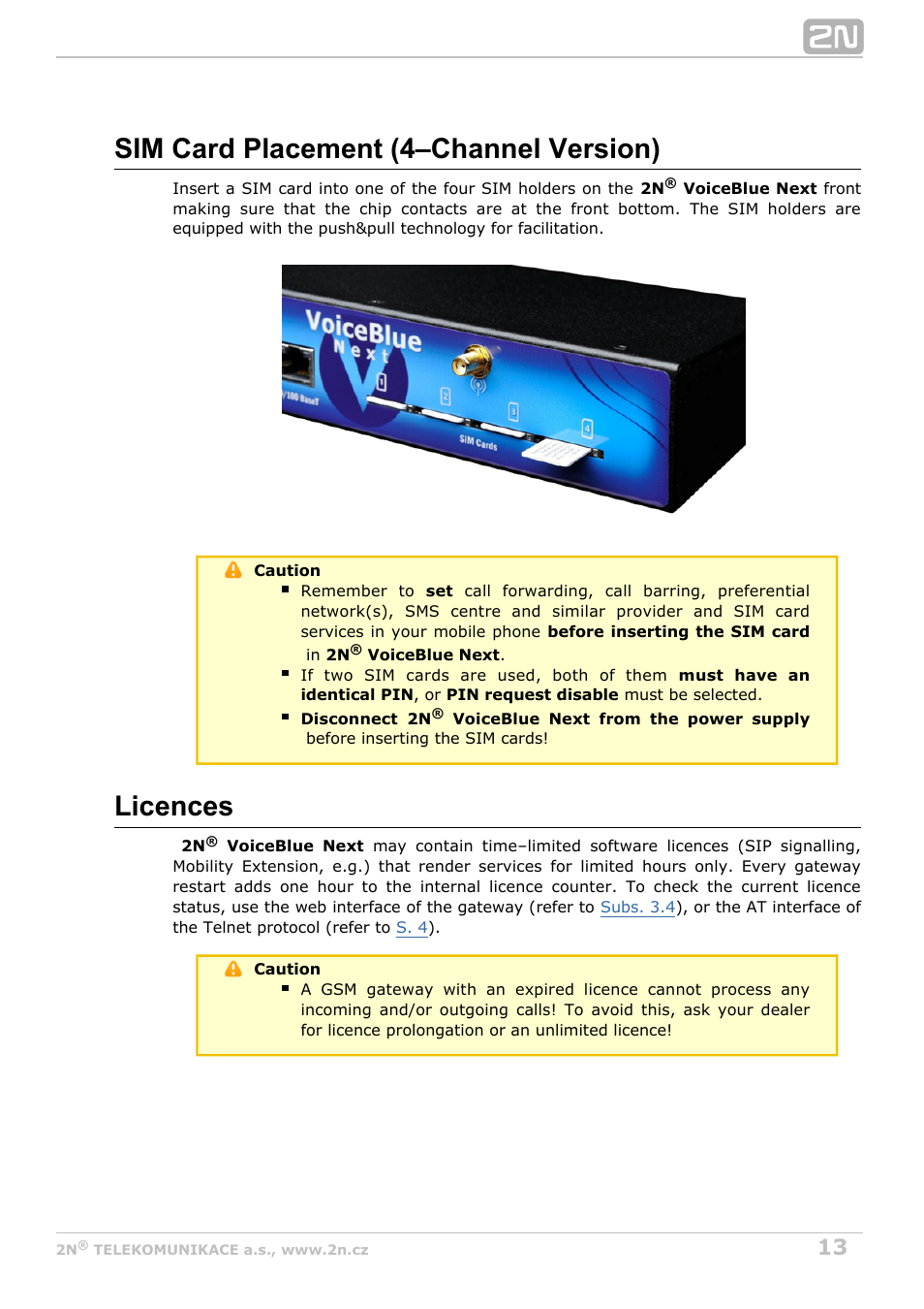 Sim card placement (4–channel version), Licences | 2N VoiceBlue Next v3.1 User Manual | Page 13 / 92