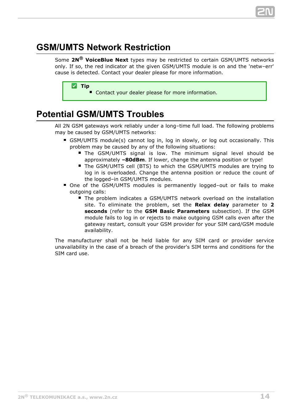 Gsm/umts network restriction, Potential gsm/umts troubles | 2N VoiceBlue Next v3.1 User Manual | Page 14 / 92