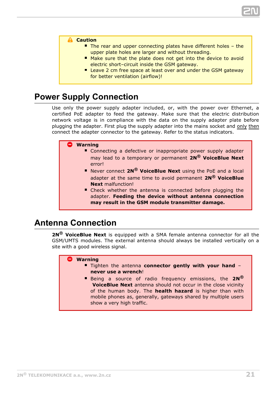 Power supply connection, Antenna connection | 2N VoiceBlue Next v3.1 User Manual | Page 21 / 92