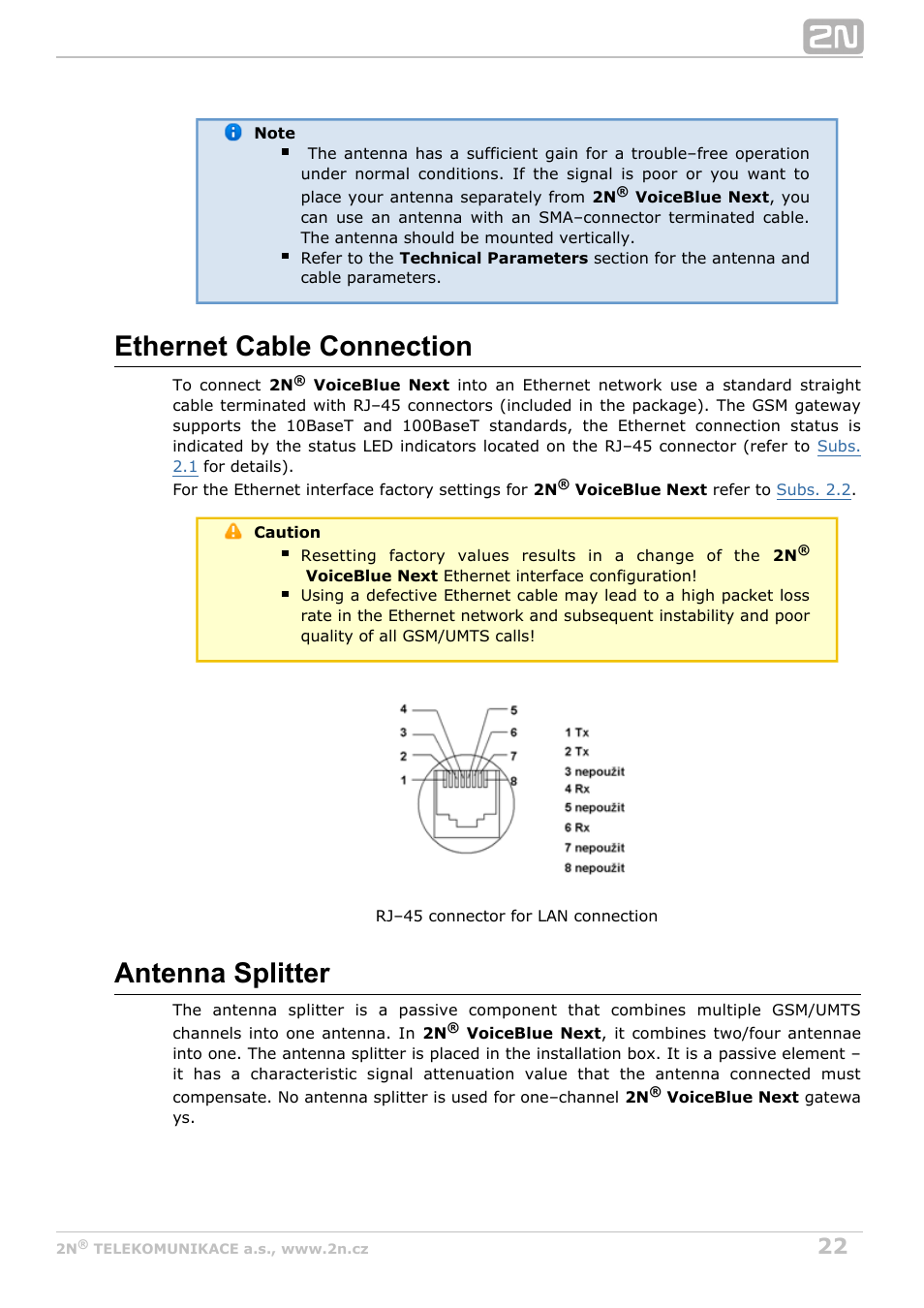 Ethernet cable connection, Antenna splitter | 2N VoiceBlue Next v3.1 User Manual | Page 22 / 92