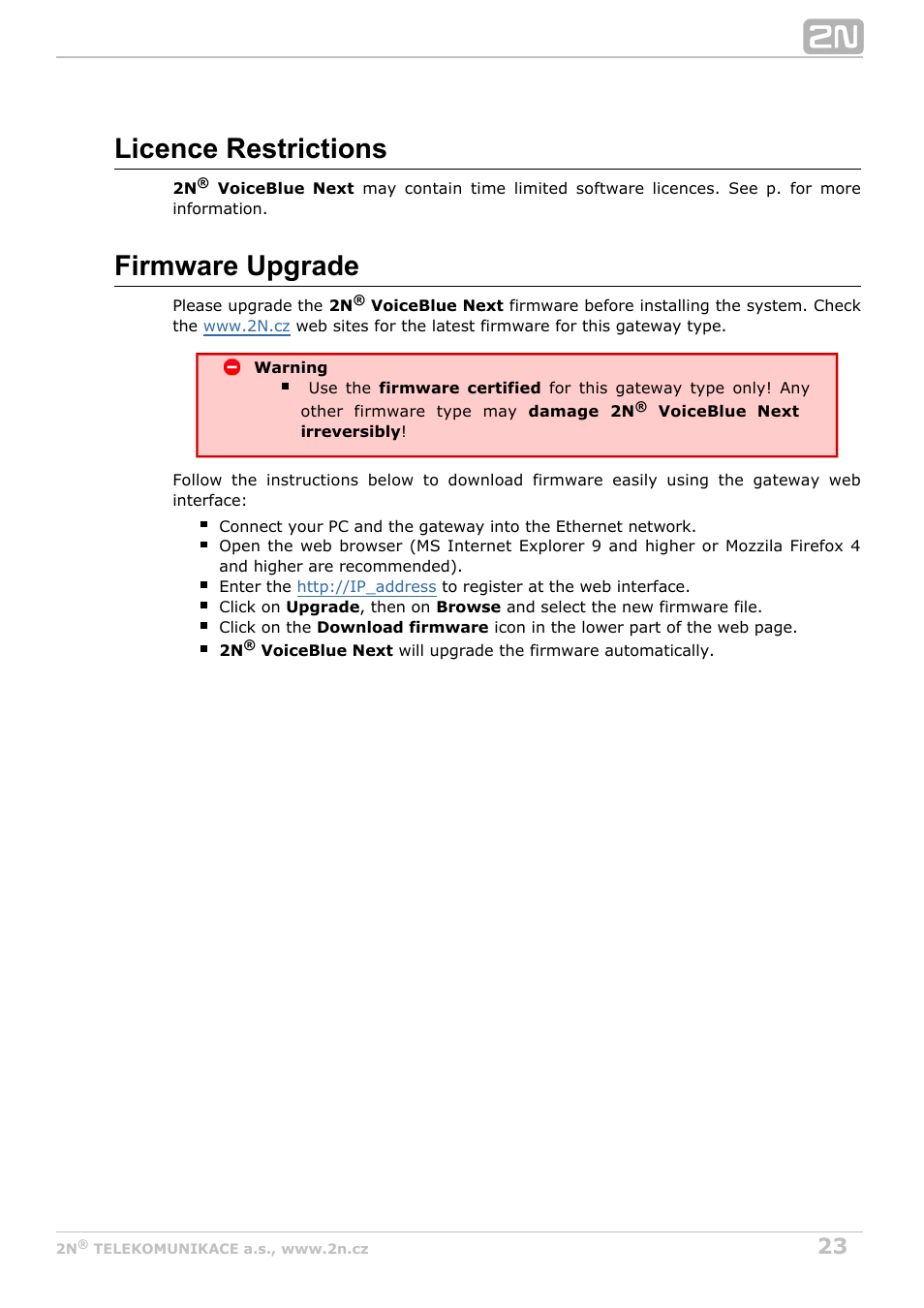 Licence restrictions, Firmware upgrade | 2N VoiceBlue Next v3.1 User Manual | Page 23 / 92