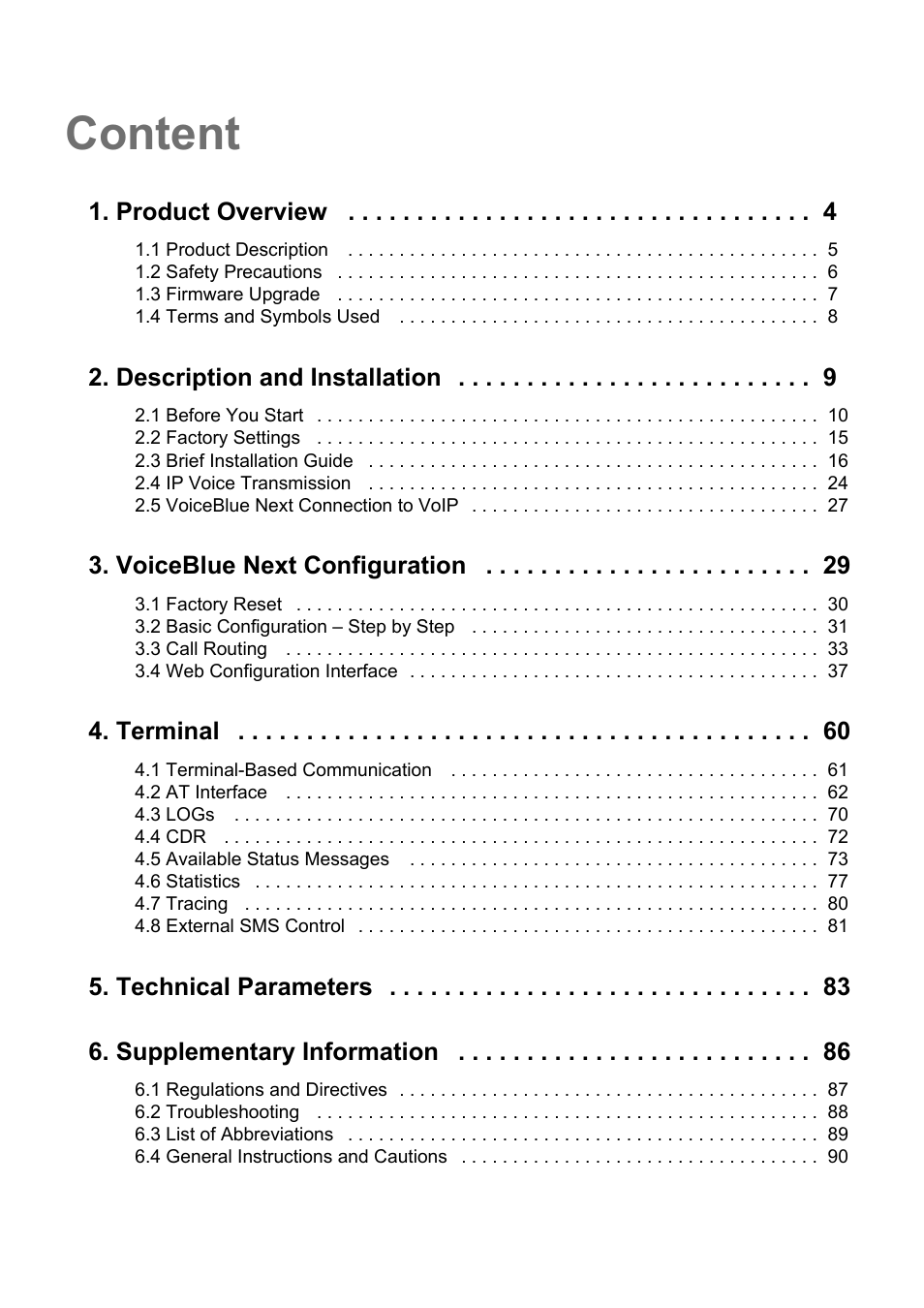 Content, Product overview, Description and installation | Voiceblue next configuration, Terminal, Technical parameters 6. supplementary information | 2N VoiceBlue Next v3.1 User Manual | Page 3 / 92