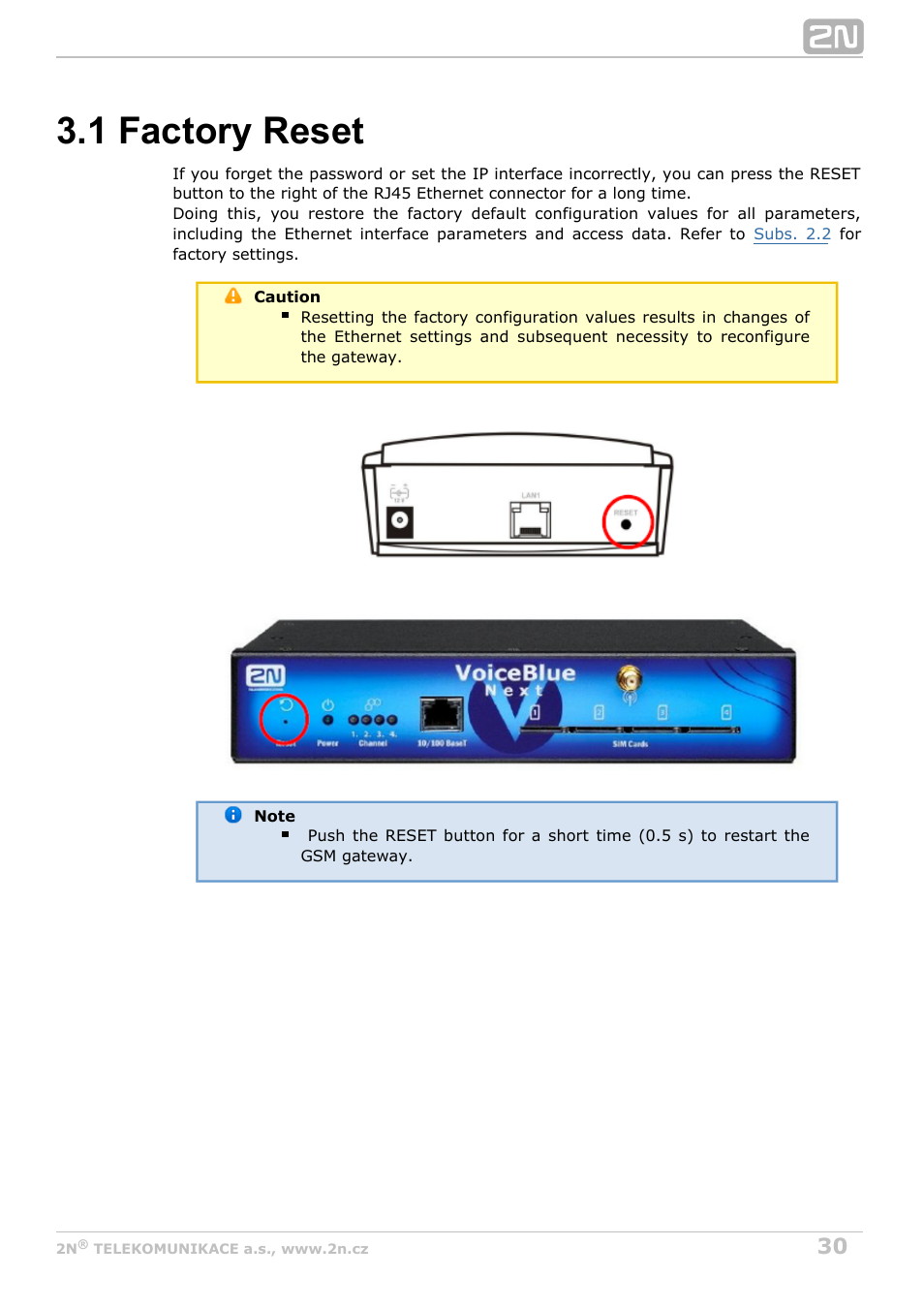 1 factory reset | 2N VoiceBlue Next v3.1 User Manual | Page 30 / 92