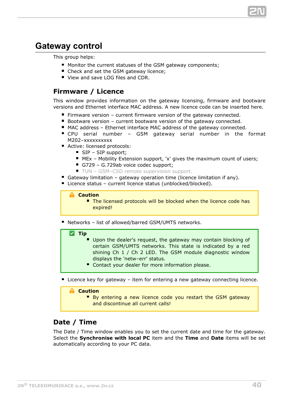 Gateway control, Firmware / licence, Date / time | 2N VoiceBlue Next v3.1 User Manual | Page 40 / 92