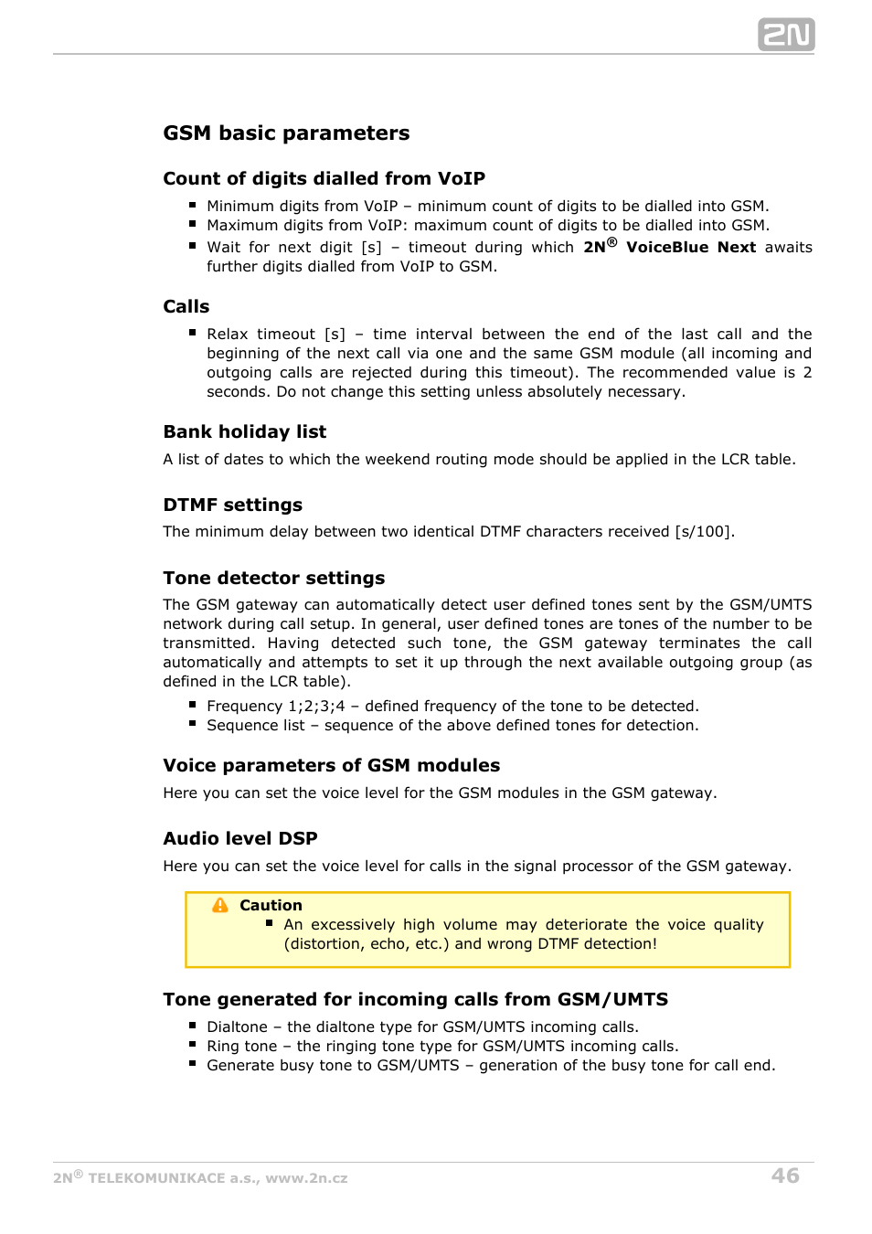 Gsm basic parameters | 2N VoiceBlue Next v3.1 User Manual | Page 46 / 92