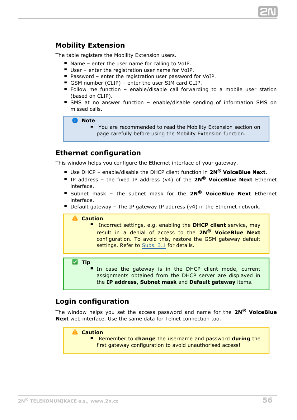 Mobility extension, Ethernet configuration, Login configuration | 2N VoiceBlue Next v3.1 User Manual | Page 56 / 92