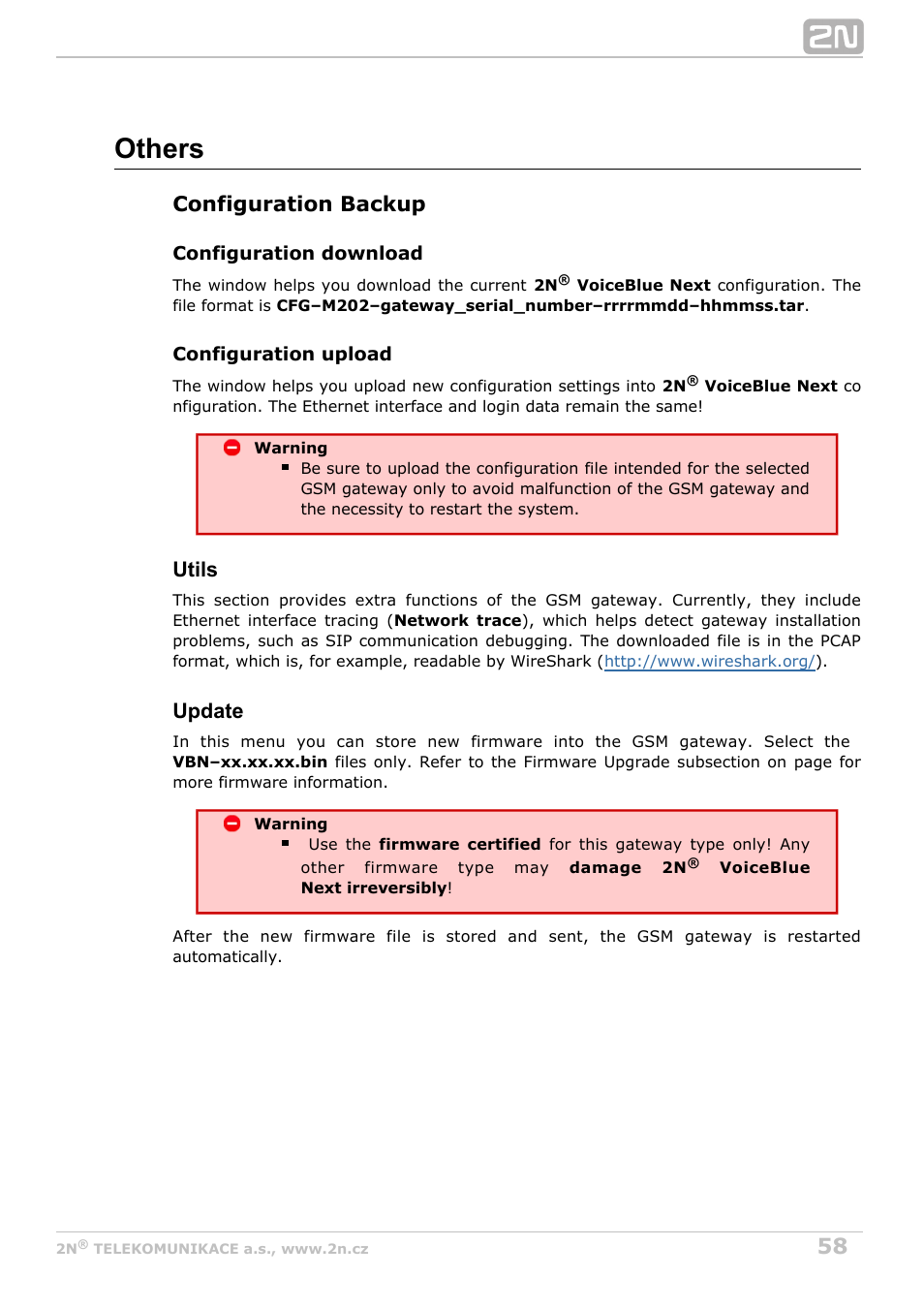 Others, Configuration backup, Utils | Update | 2N VoiceBlue Next v3.1 User Manual | Page 58 / 92