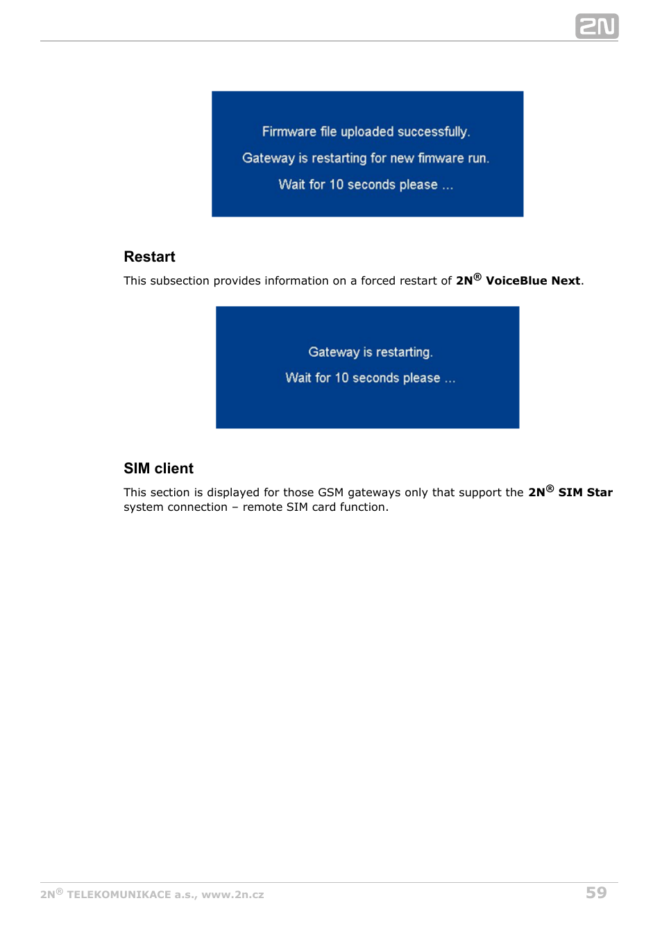 Restart, Sim client | 2N VoiceBlue Next v3.1 User Manual | Page 59 / 92