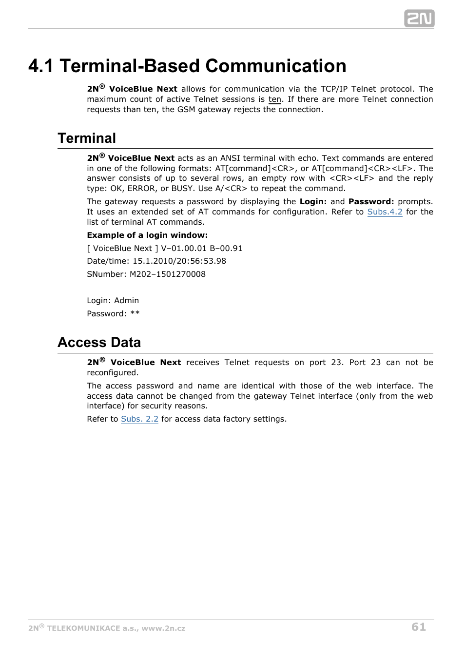 1 terminal-based communication, Terminal, Access data | 2N VoiceBlue Next v3.1 User Manual | Page 61 / 92