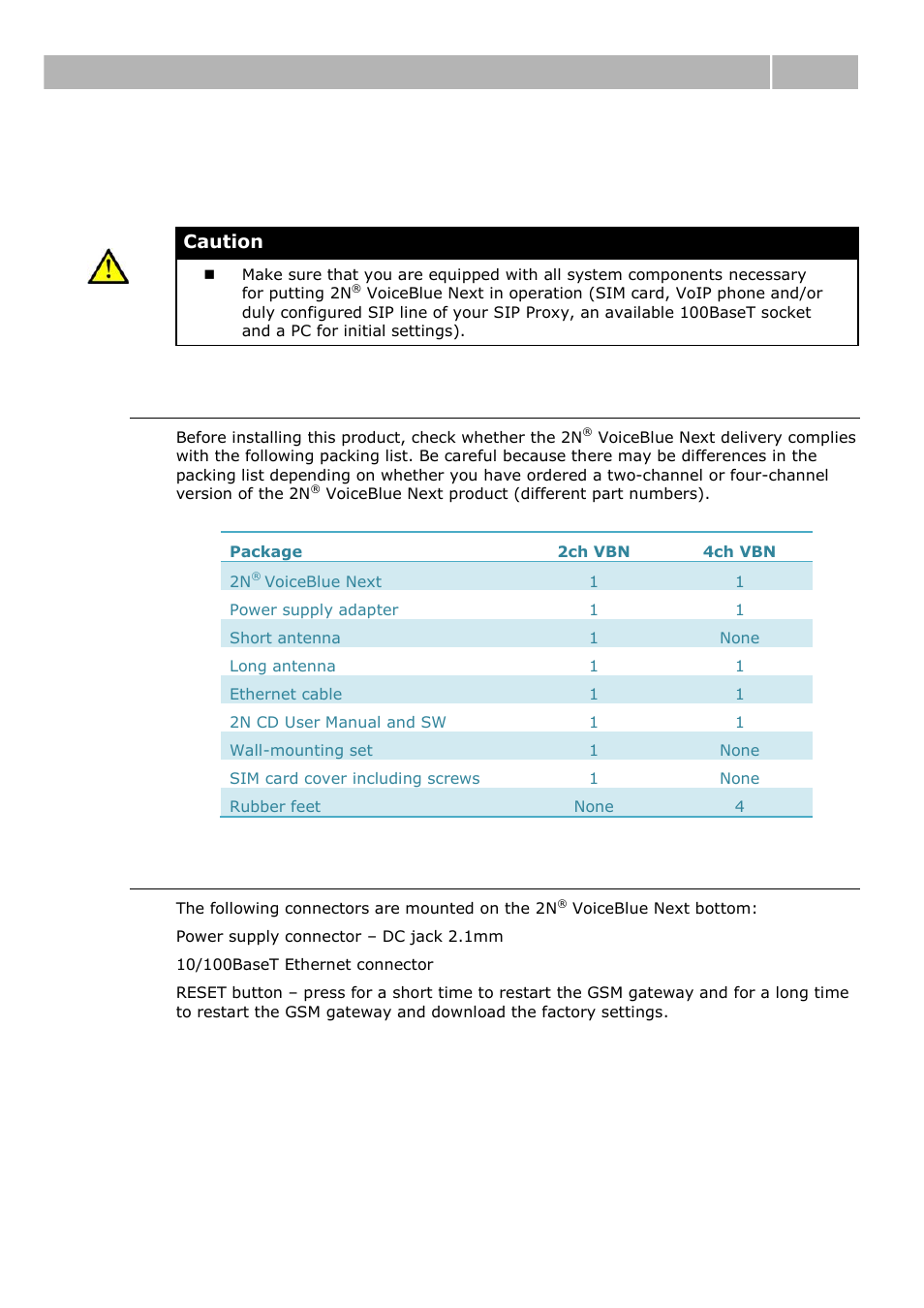 Before you start, Product completeness check, Connector lay-out (2-channel version) | 1 before you start, Before you start 2.1 | 2N VoiceBlue Next v3.0 User Manual | Page 14 / 96