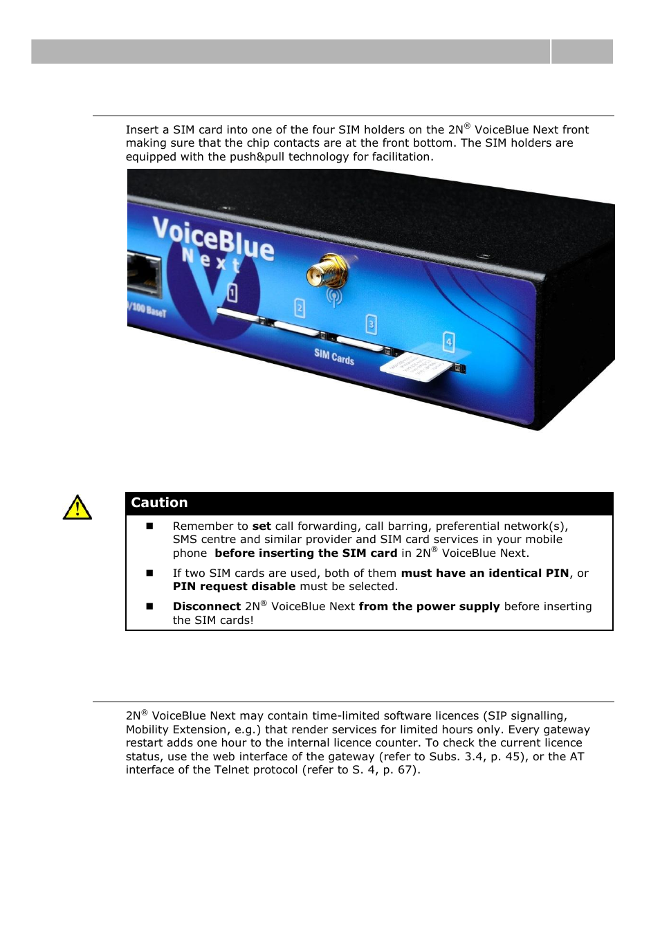 Sim card placement (4-channel version), Licences, Before you start 2.1 | 2N VoiceBlue Next v3.0 User Manual | Page 17 / 96