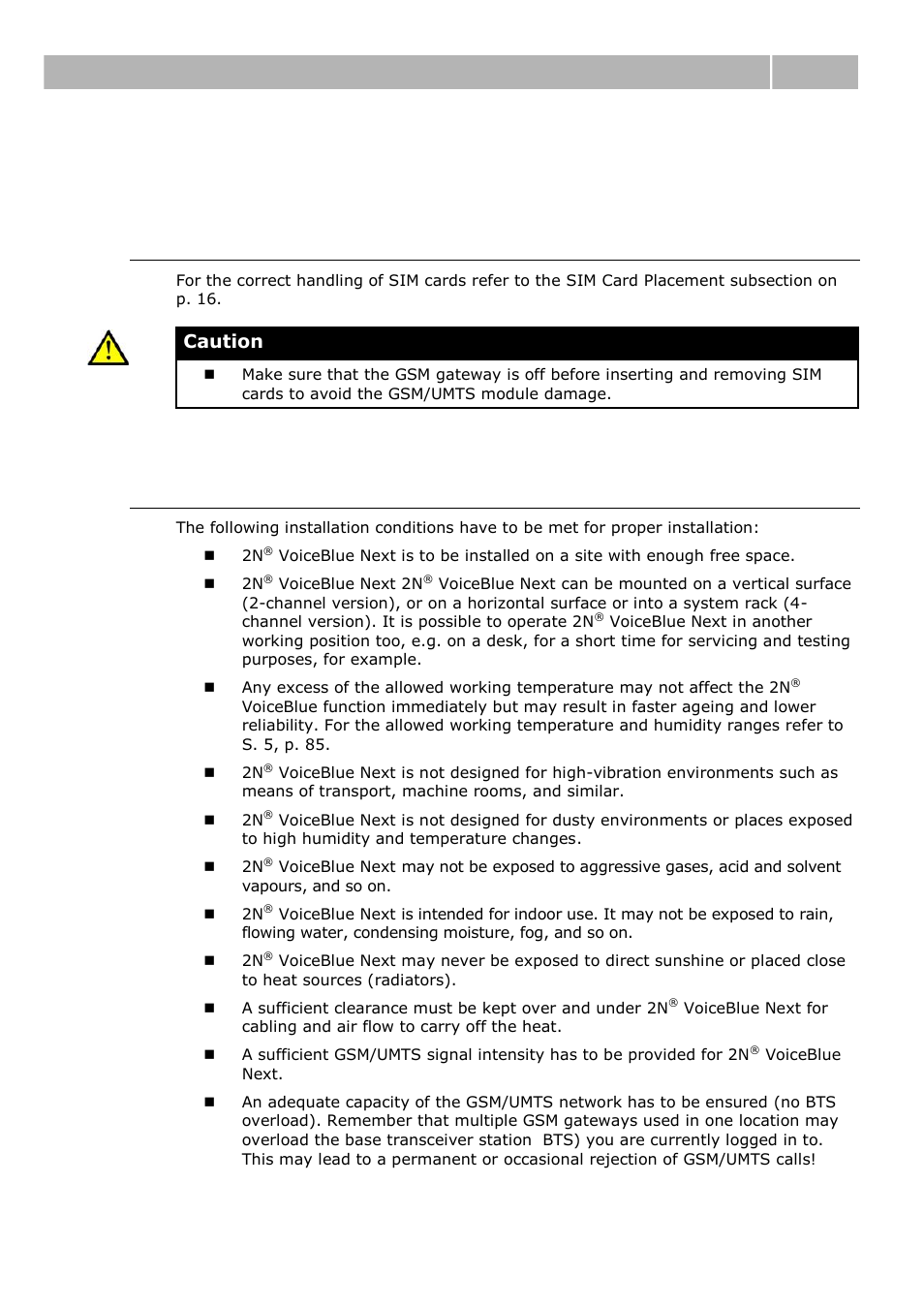 Brief installation guide, Sim card inserting/removing, Installation conditions | 3 brief installation guide, Brief installation guide 2.3, Caution | 2N VoiceBlue Next v3.0 User Manual | Page 20 / 96