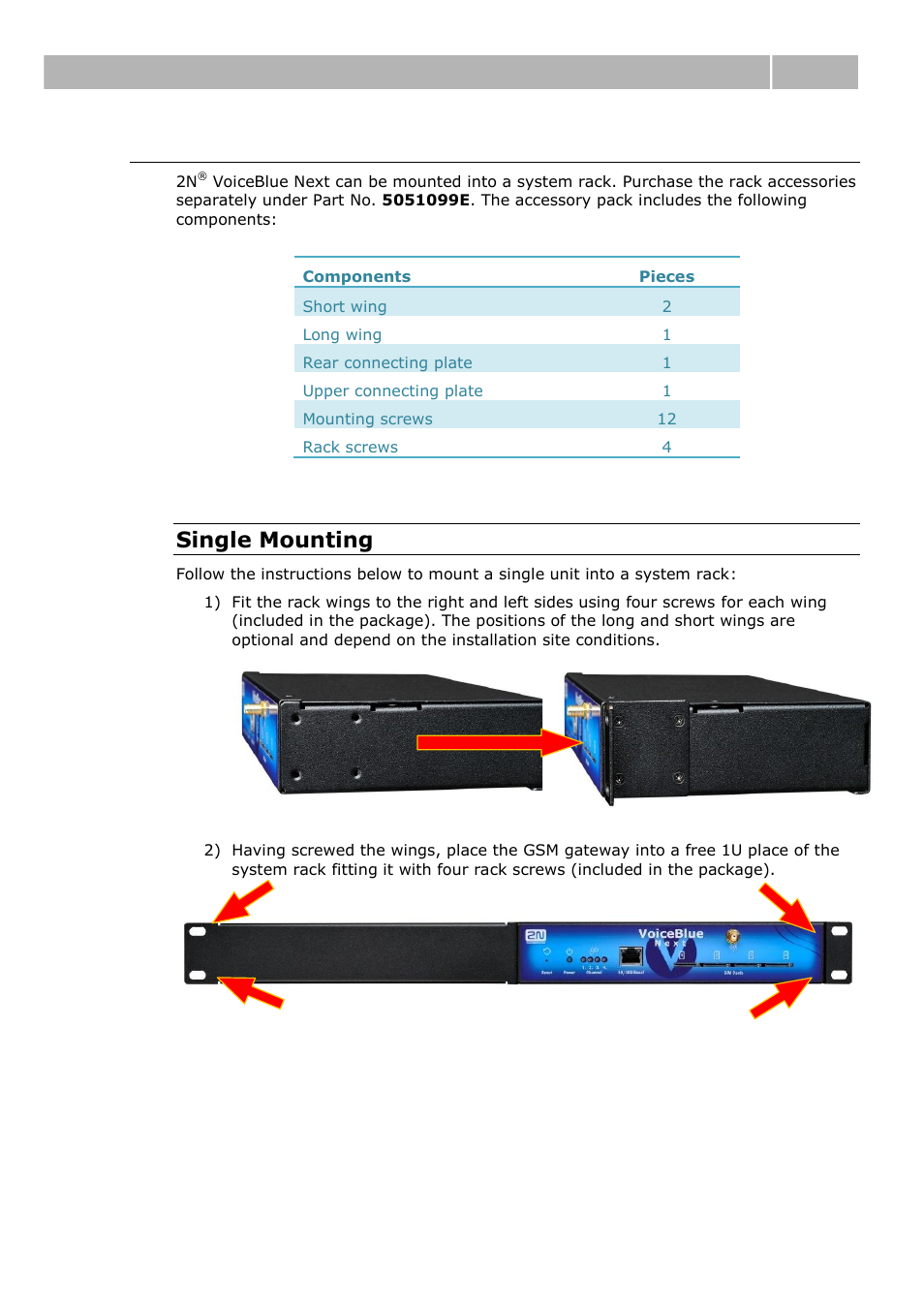 System rack mounting (4-channel version), Brief installation guide 2.3, Single mounting | 2N VoiceBlue Next v3.0 User Manual | Page 23 / 96