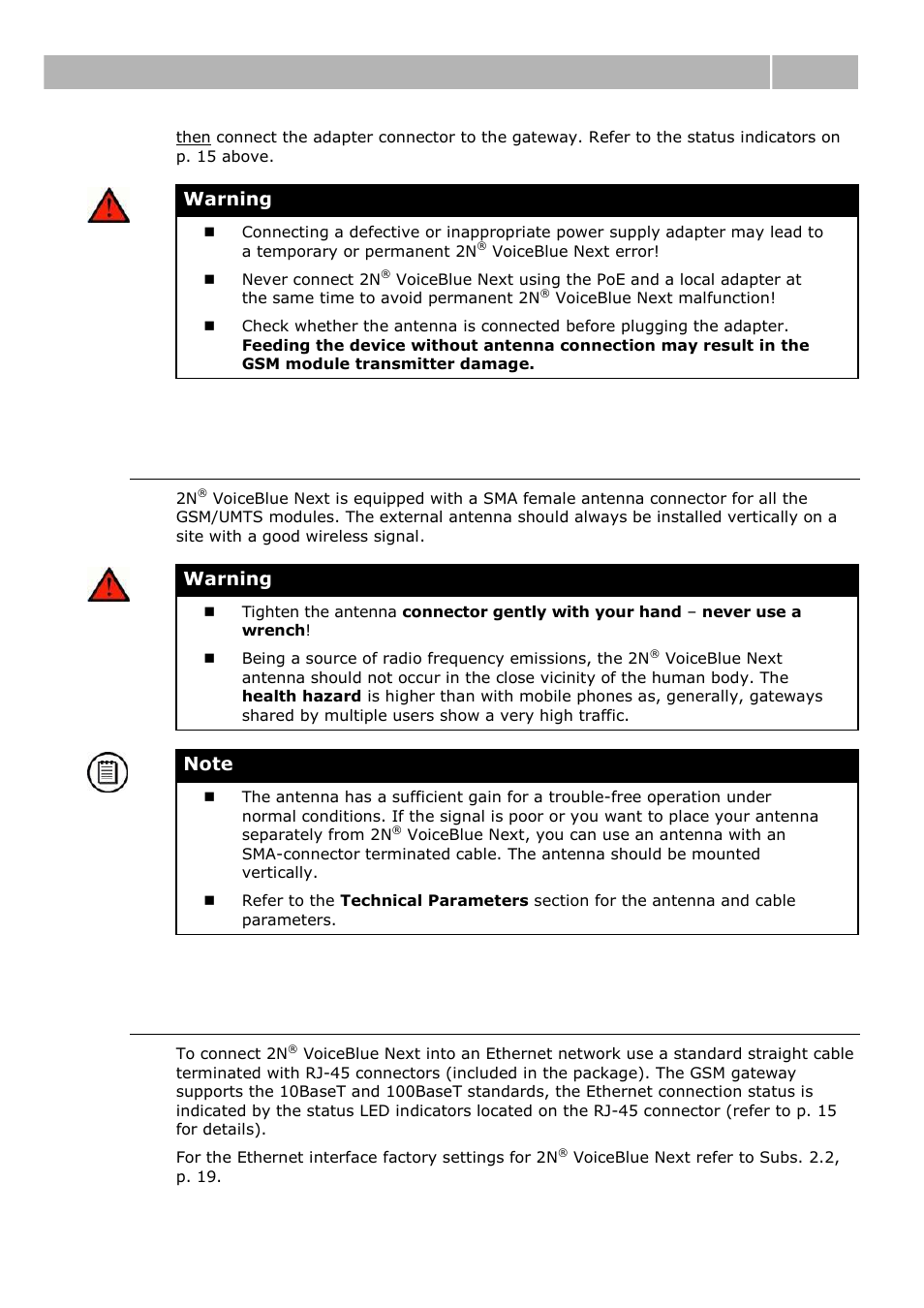 Antenna connection, Ethernet cable connection, Brief installation guide 2.3 | Warning | 2N VoiceBlue Next v3.0 User Manual | Page 26 / 96