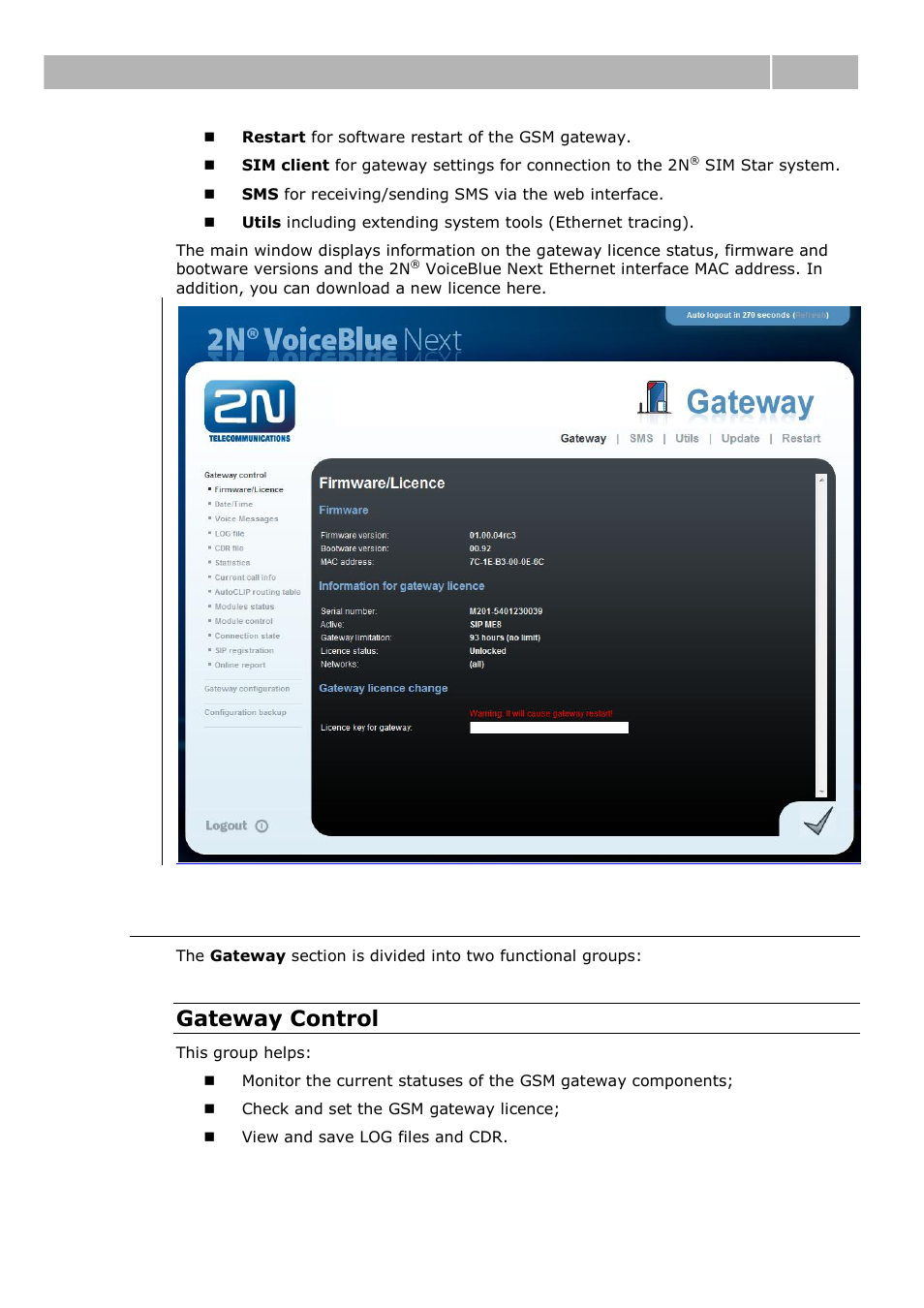 Gateway, Web configuration interface 3.4, Gateway control | 2N VoiceBlue Next v3.0 User Manual | Page 47 / 96