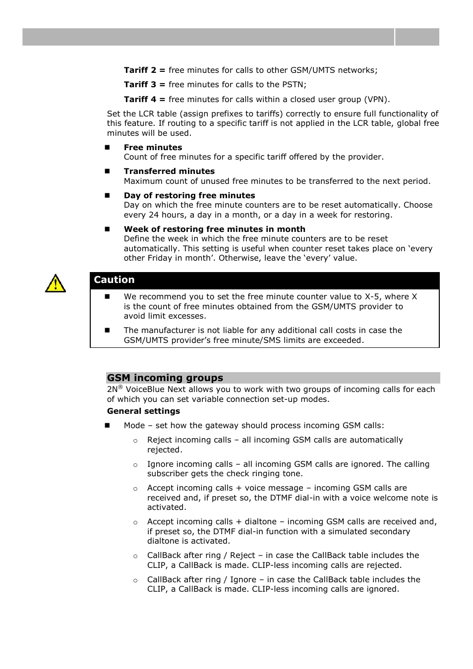 Web configuration interface 3.4, Caution, Gsm incoming groups | 2N VoiceBlue Next v3.0 User Manual | Page 59 / 96