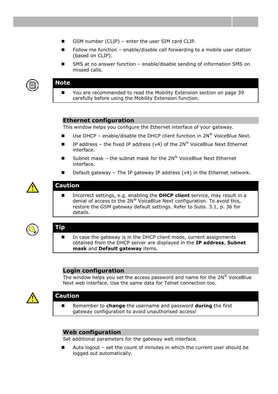 Web configuration interface 3.4, Ethernet configuration, Caution | Login configuration, Web configuration | 2N VoiceBlue Next v3.0 User Manual | Page 63 / 96