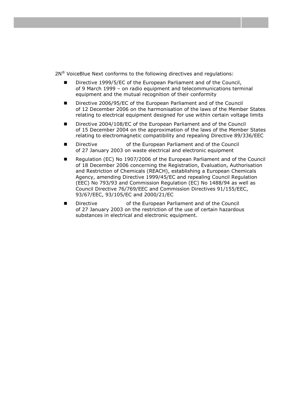 Regulations and directives, 1 regulations and directives, Regulations and directives 6.1 | 2N VoiceBlue Next v3.0 User Manual | Page 90 / 96