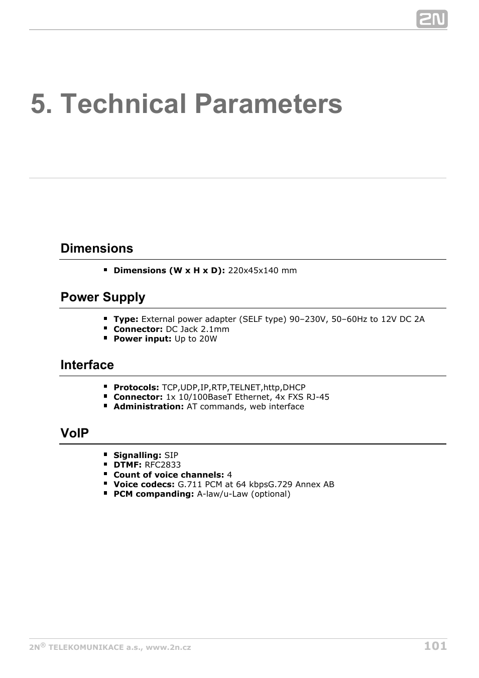 Technical parameters | 2N VoiceBlue MAX v1.5 User Manual | Page 101 / 109