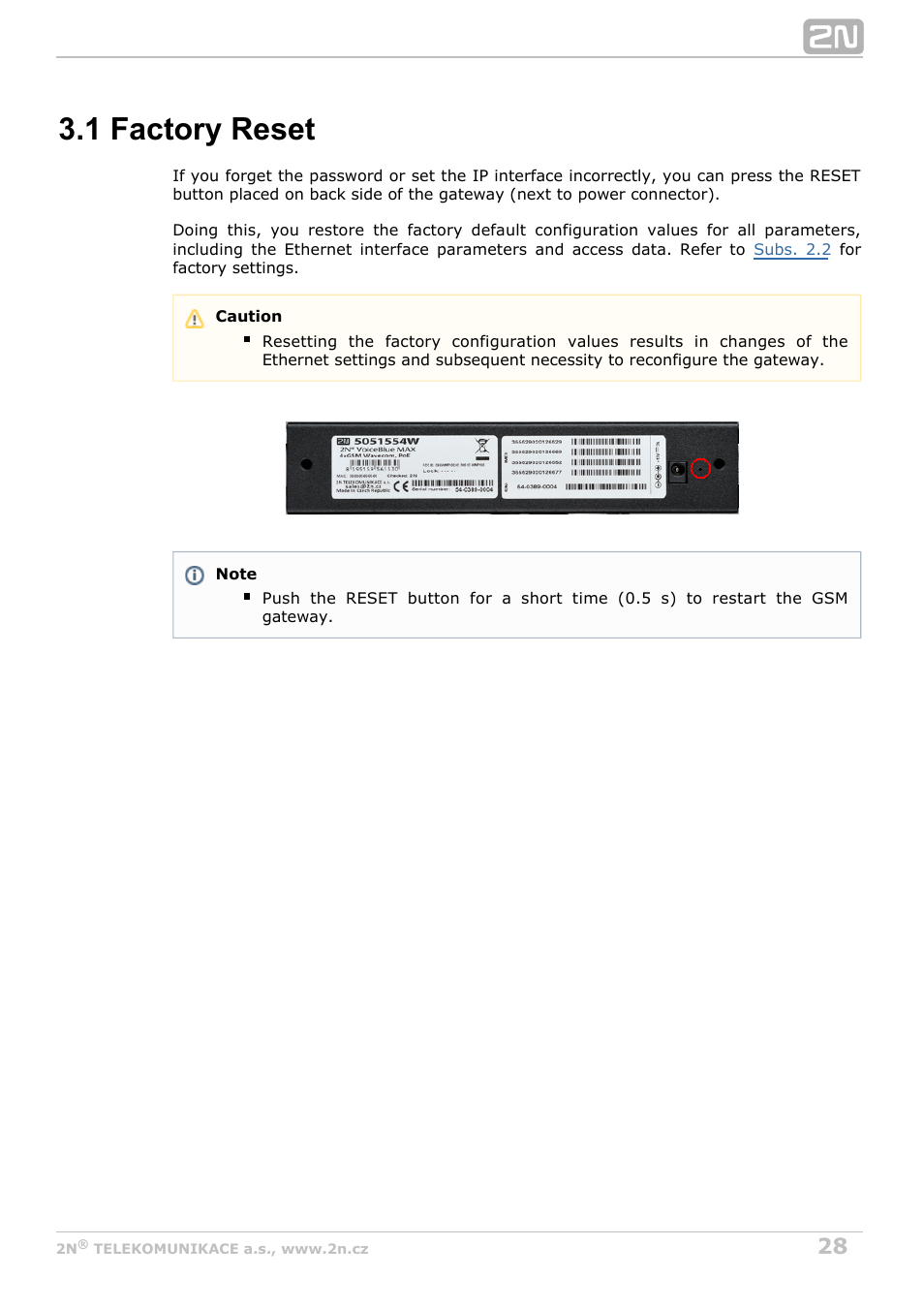1 factory reset | 2N VoiceBlue MAX v1.5 User Manual | Page 28 / 109