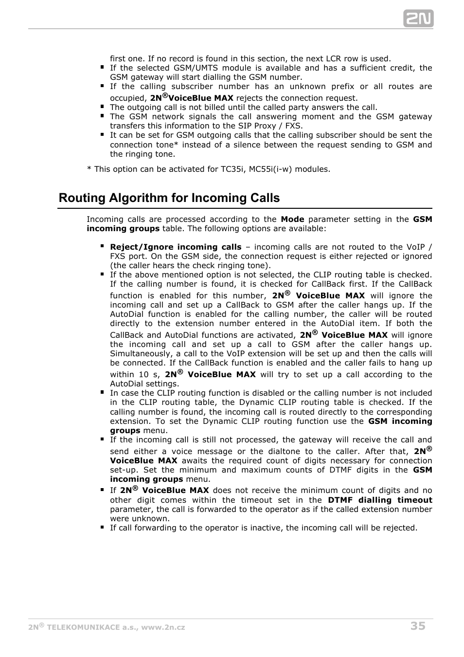 Routing algorithm for incoming calls | 2N VoiceBlue MAX v1.5 User Manual | Page 35 / 109