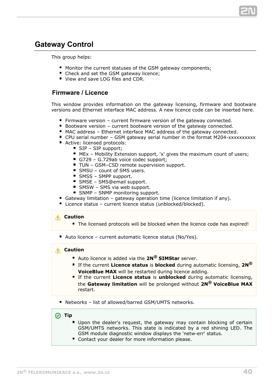 Gateway control, Firmware / licence | 2N VoiceBlue MAX v1.5 User Manual | Page 40 / 109