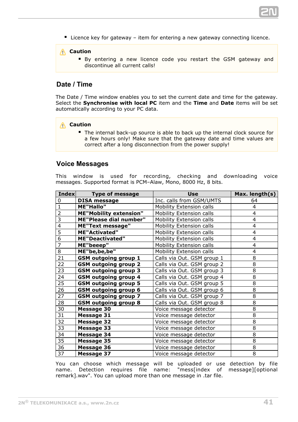 Date / time, Voice messages | 2N VoiceBlue MAX v1.5 User Manual | Page 41 / 109
