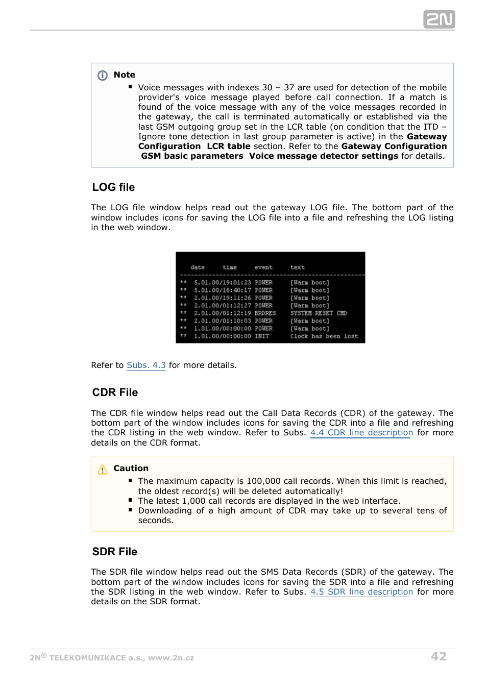 Log file, Cdr file, Sdr file | 2N VoiceBlue MAX v1.5 User Manual | Page 42 / 109