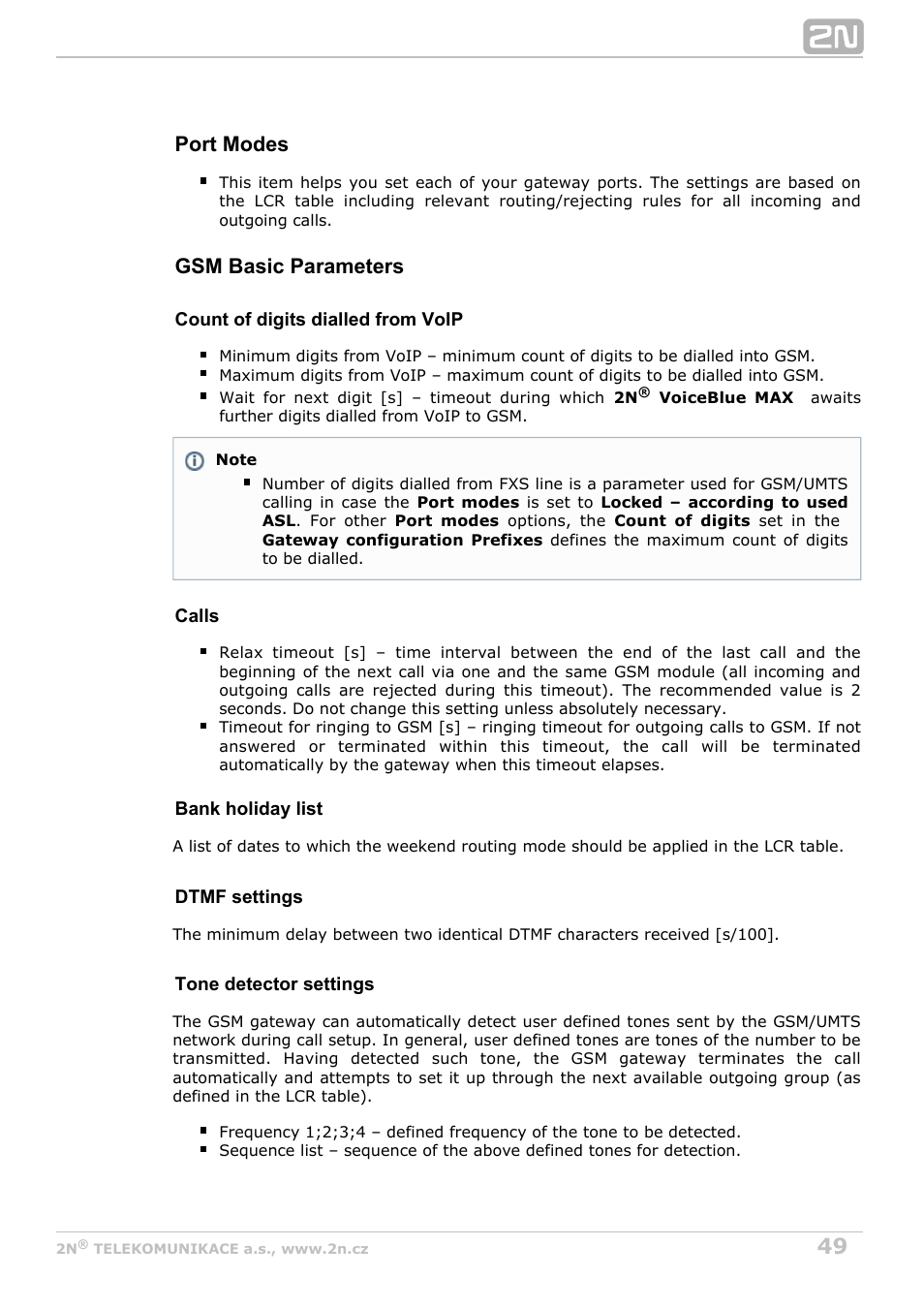 Port modes, Gsm basic parameters | 2N VoiceBlue MAX v1.5 User Manual | Page 49 / 109