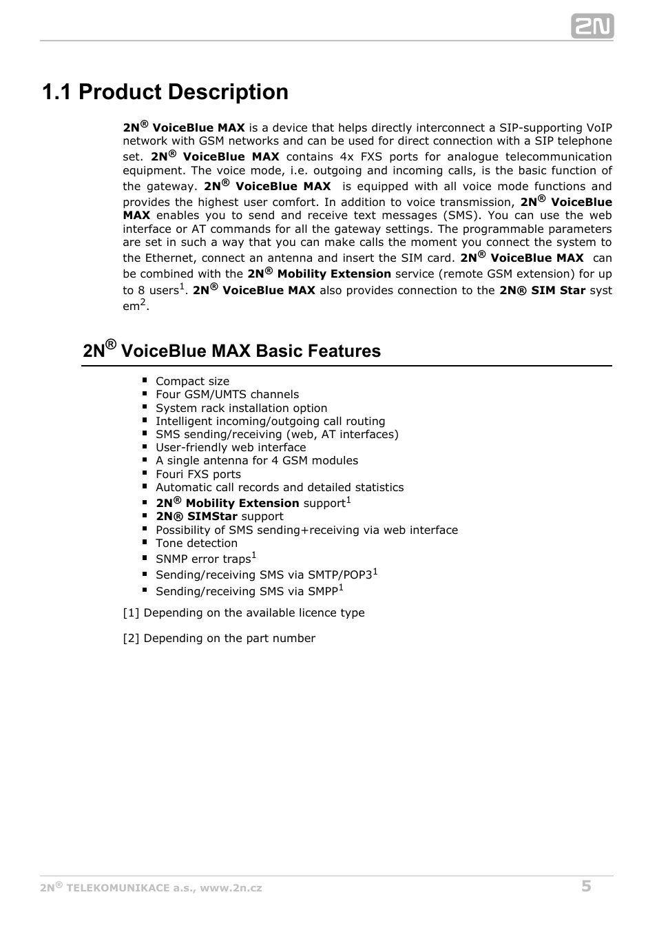 1 product description, 2n voiceblue max, Basic features | 2N VoiceBlue MAX v1.5 User Manual | Page 5 / 109