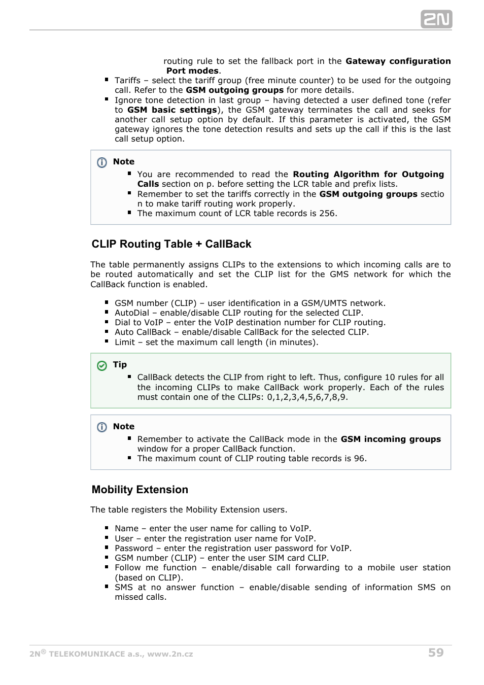 Clip routing table + callback, Mobility extension | 2N VoiceBlue MAX v1.5 User Manual | Page 59 / 109