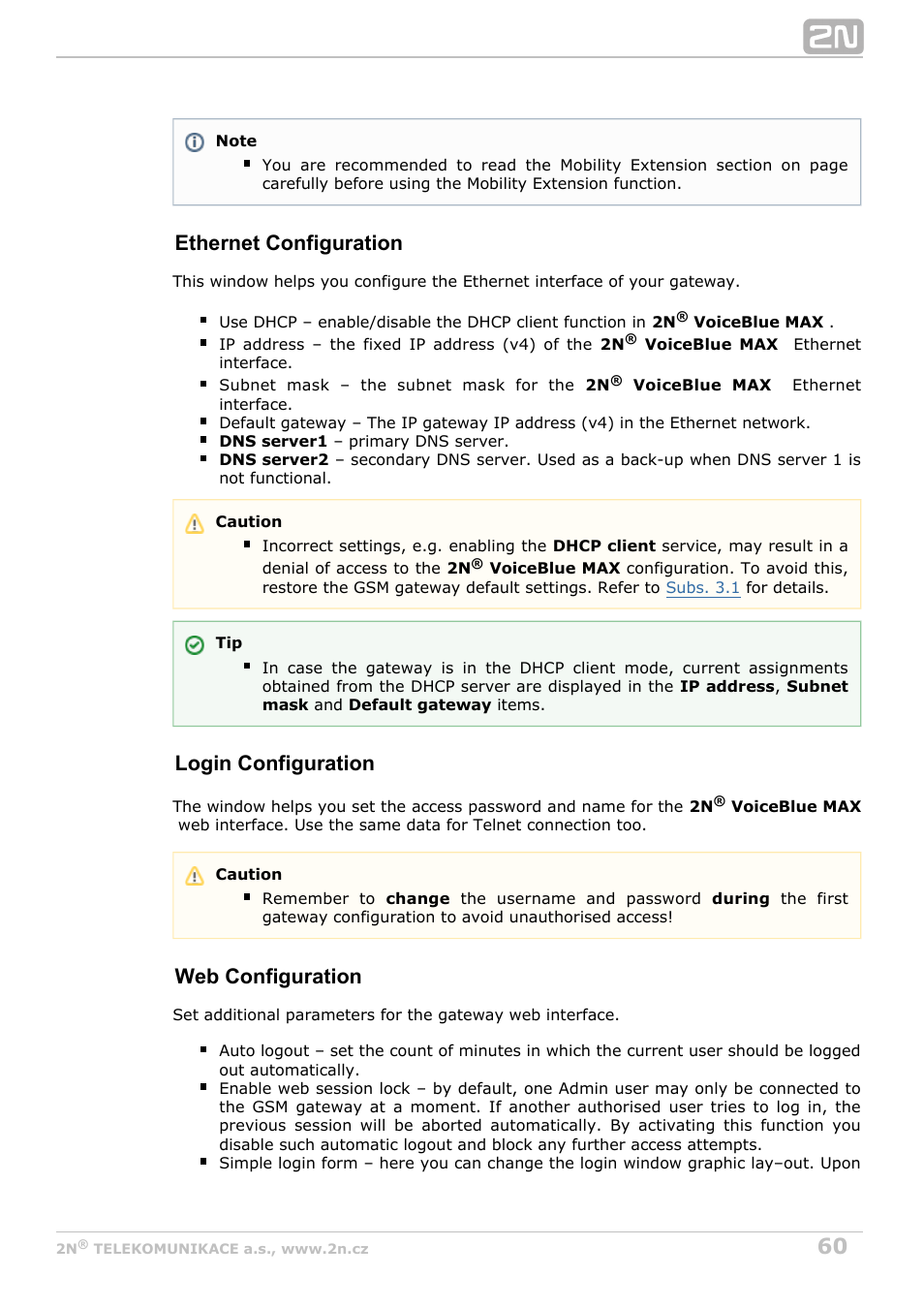 Ethernet configuration, Login configuration, Web configuration | 2N VoiceBlue MAX v1.5 User Manual | Page 60 / 109