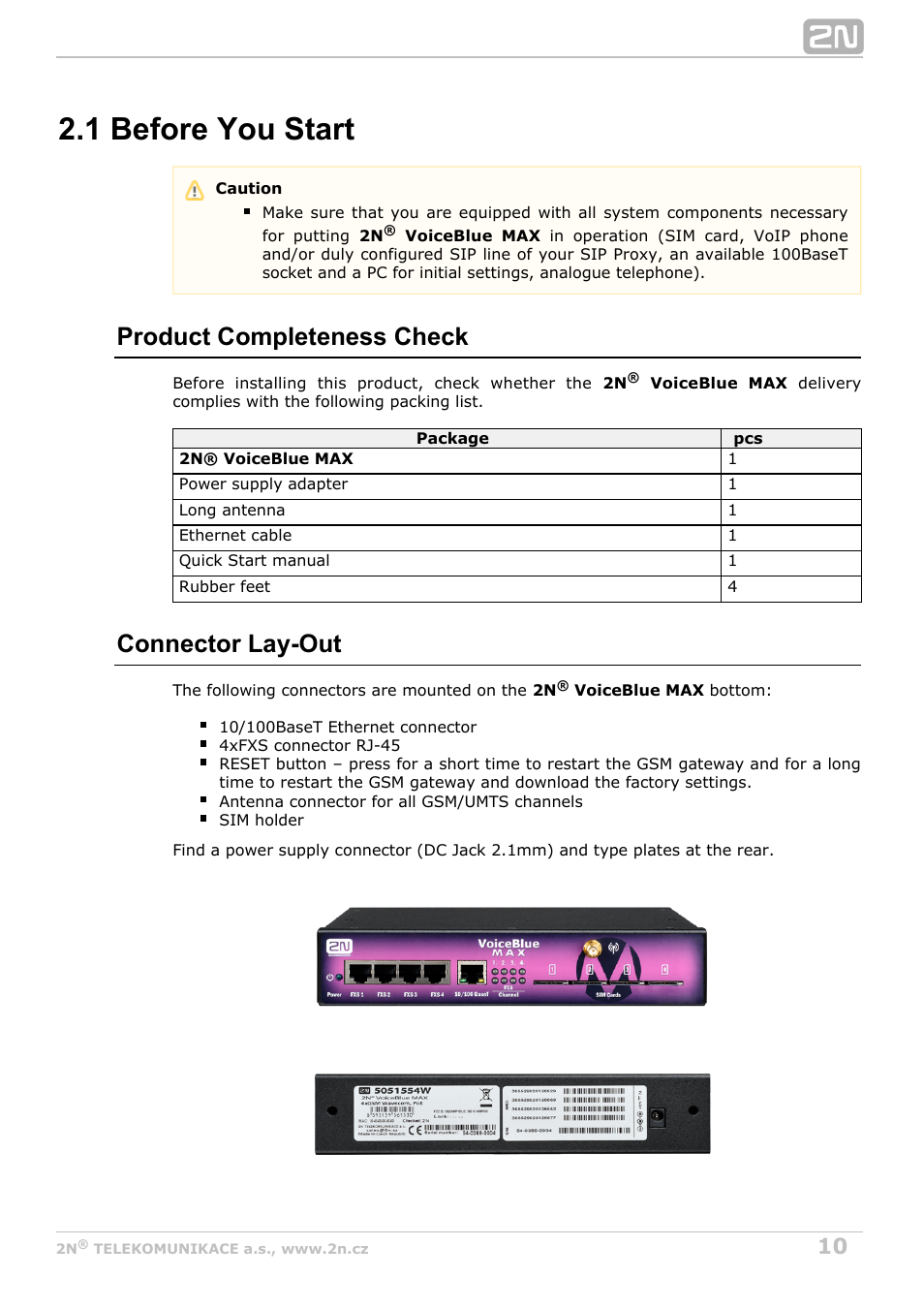 1 before you start, Product completeness check, Connector lay-out | 2N VoiceBlue MAX v1.4 User Manual | Page 10 / 109